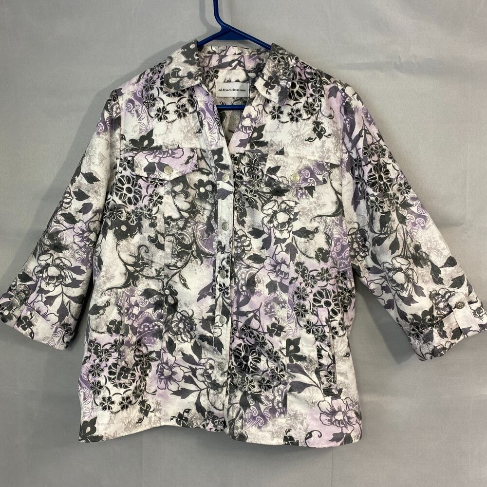 Alfred Dunner Jacket Shacket Women's 12 Floral Purple Floral 3/4 Slv Cottagecore